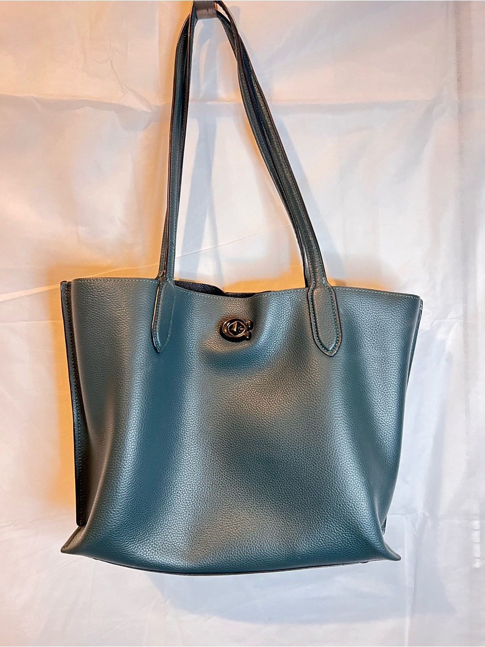 Coach Teal Pebbled Leather Tote with Turn-Lock